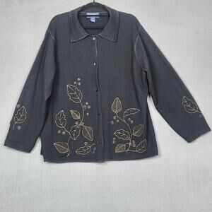 NEWTON TRADING CO Sweater Womens 1X Wool Cardigan Embroidered Leaves Floral